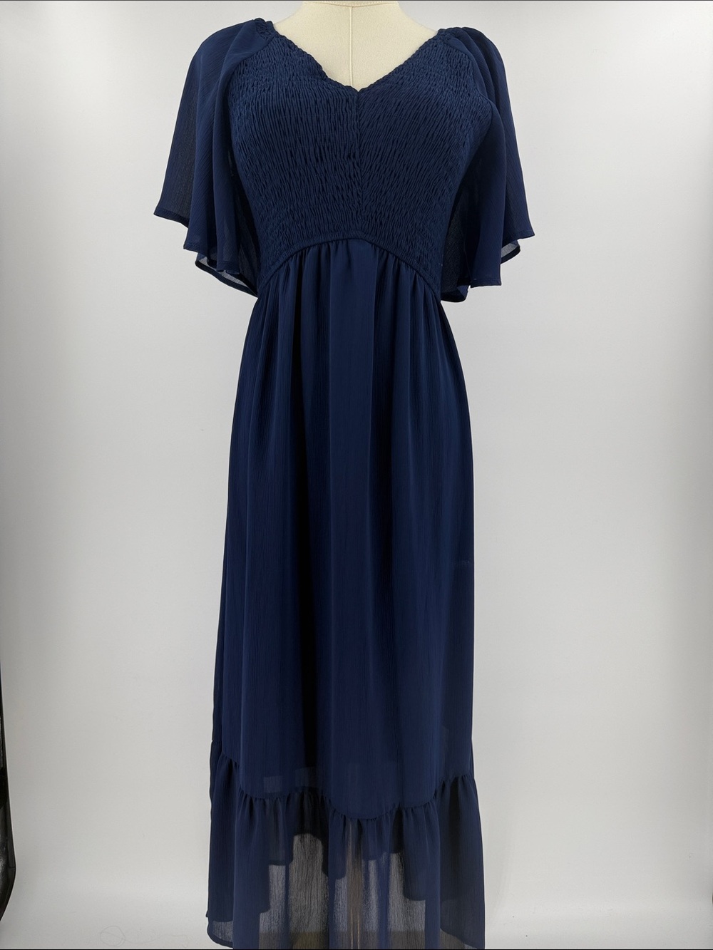 Classic Navy Blue Flutter Sleeve Maxi Dress